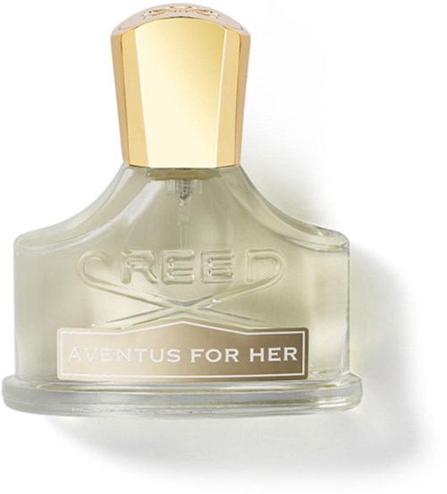 En parfyllflaska märkt 'Creed Aventus for Her' med ett guldlock och klart glas.