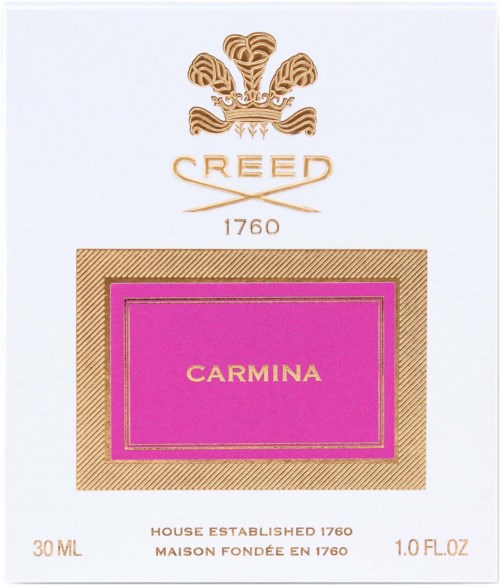En etikett med en gullhøvding øverst, ordet 'CREED 1760,' og en rosa boks med 'CARMINA' i gull.