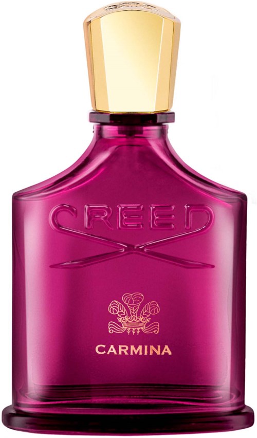 En rosa parfyllflaska med guldlock och orden 'CREED' och 'CARMINA' på.
