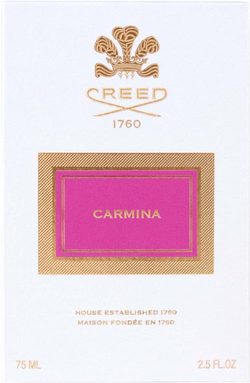 En lyxig tvålpåse med Creed-logo, guldmärke, rosa etikett med 'Carmina' och information om företagets grundande.