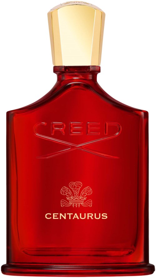 En röd parfylltblåsa med ett guldlock, märkt Creed Centaurus, elegant och lång i design.