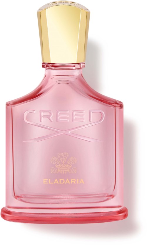 En rosa parfyllflaska med guldlock och orden 'CREED ELADARIA' på.