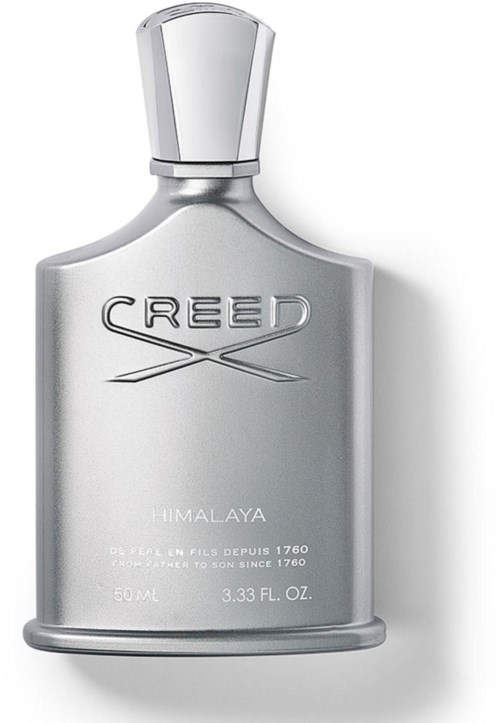 En silver parfymflaska med en elegant design, märkt 'CREED' och 'HIMALAYA' med storleksuppgifter.