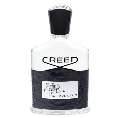 A clear bottle with a black cap, labeled 'Creed Aventus,' features a logo with a man riding a horse.