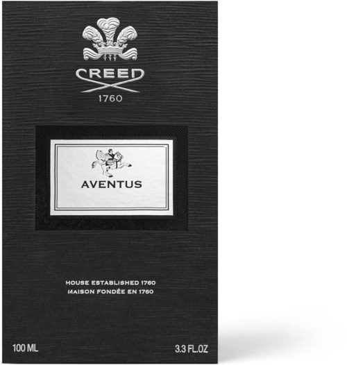 Creed Aventus -hajuvesipakkaus, musta teksturoitu pinta, brändölogo ja tuotenimi. 100 ml.