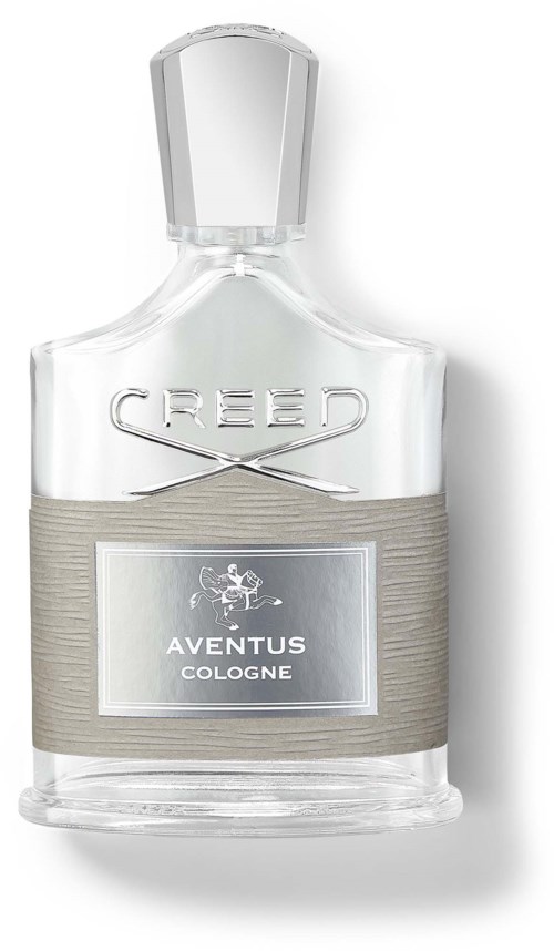 En klar glassflaske med Creed Aventus Cologne, sølvfarget etikett og kork.