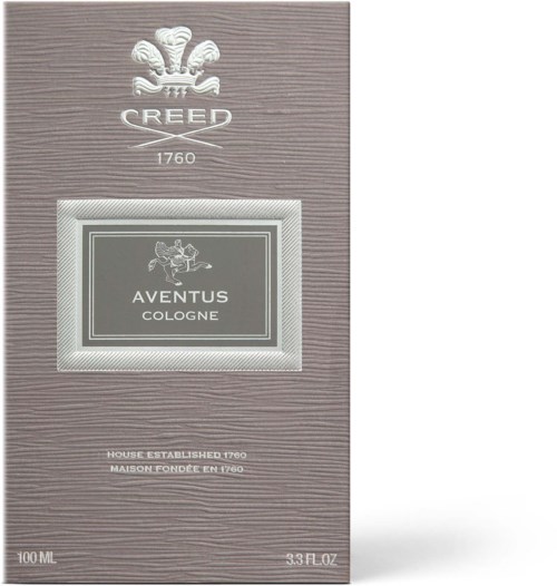 Creed Aventus Cologne parfyme eske med sølv og hvitt design, logo og produktnavn på en teksturert bakgrunn.