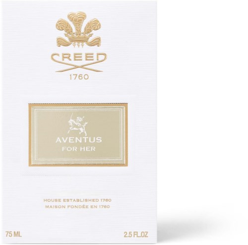 Parfyymilaatikko Creed-logolla, kultainen kruunu ja Aventus For Her -etiketti beige- ja valkoisella suunnittelulla.