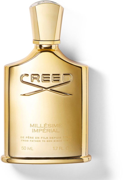 Kultainen hajuvesipullo, jossa lukee 'CREED' ja 'Millésime Impérial'.