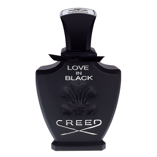 Svart parfymeflaske med ordene 'Love in Black' og 'Creed'. Den har et blomsterdesign på forsiden.