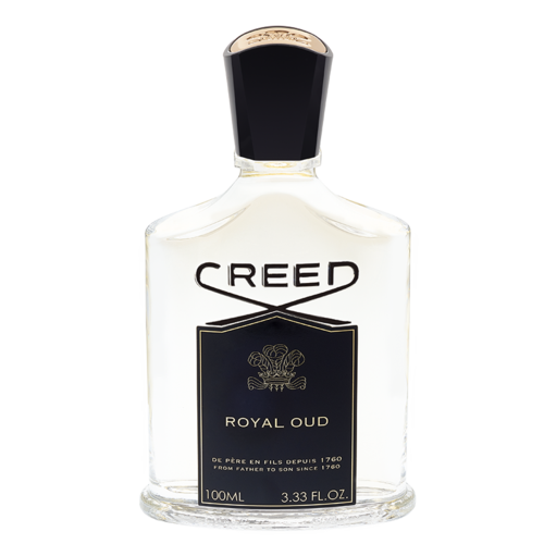 En klar parfymeflaske merket 'CREED ROYAL OUD' med svart lokk og gulldetaljer.
