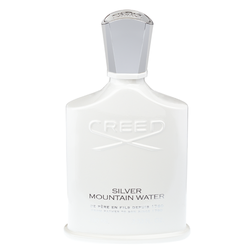 En hvit flaske med lyseblå kork merket Creed Silver Mountain Water, sannsynligvis en parfyme eller cologne.