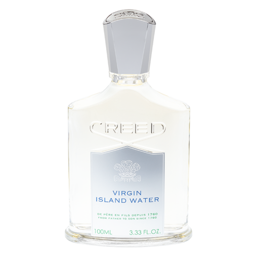En klar glassflaske merket 'Virgin Island Water' med en sølvhette, inneholder vann fra Creeds merke.
