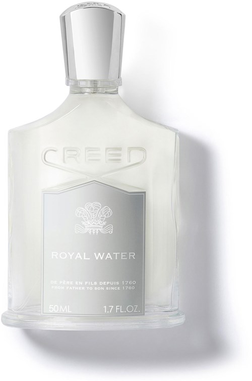 En klar flaske med sølvhette, merket 'CREED Royal Water,' inneholder 50 ml parfyme.