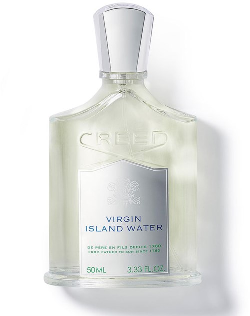 En klar glassflaske merket 'Virgin Island Water' med en hvit hette, inneholder en duft eller kroppsvann.