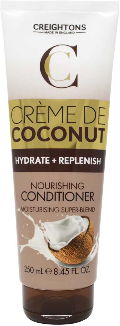 This is a nourishing conditioner in a tube, with coconut image and text about hydration and replenishing hair.