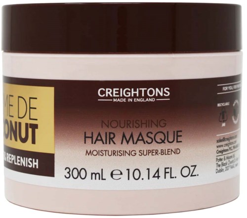A hair mask container with brown and white colors, label includes brand Creightons, 300 mL size, nourishing and moisturizing.