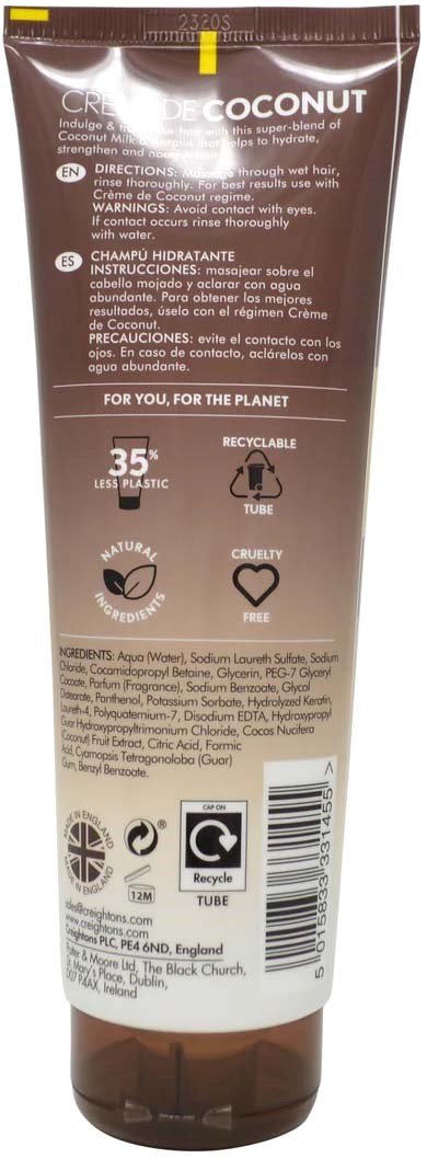 A brown tube of coconut hair mask with recycling and cruelty-free symbols, showing product benefits and instructions.