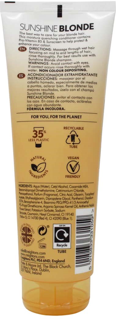 A shampoo tube labeled 'Sunshine Blonde', emphasizing natural ingredients, eco-friendliness, and suitability for blonde hair.