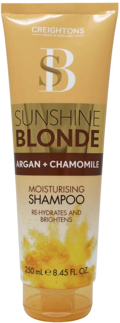 A bottle of shampoo labeled 'Sunshine Blonde' with Argan and Chamomile, highlighting moisturizing, brightening, and hydrating effects.