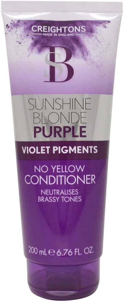 A tube of Creightons hair dye in purple, labeled for blondes, neutralizes warm tones, contains violet pigments, 200ml.