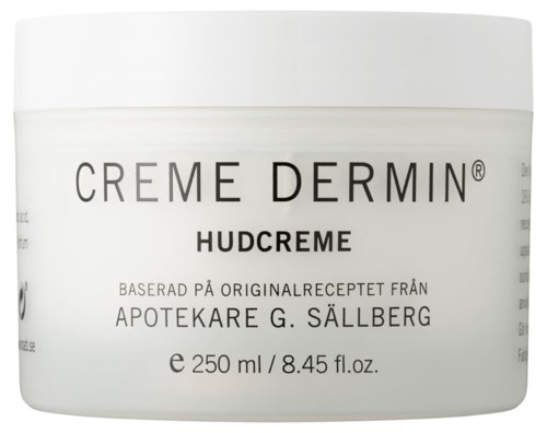 A white jar of Dermin Hudcreme with black and gray text, containing 250 ml of skincare cream.