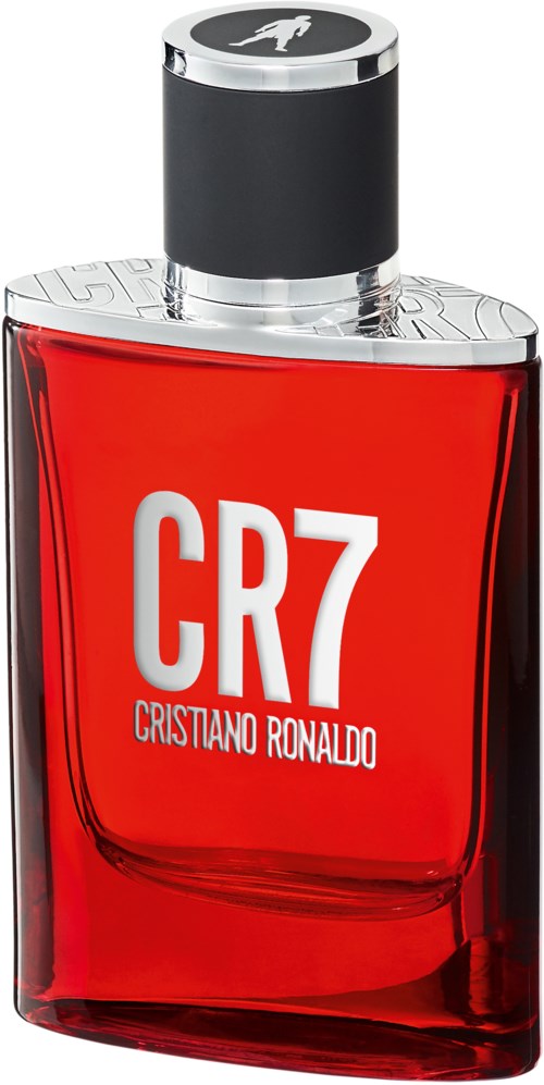 Eine rote Parfümflasche mit 'CR7' Beschriftung und Cristiano Ronaldos Namen, silberner Deckel, elegantes Design.