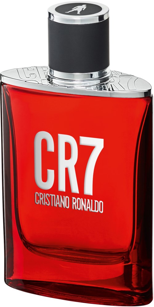En röd parfyllflaska med svart lock, märkt 'CR7 Cristiano Ronaldo,' i modern, elegant design.
