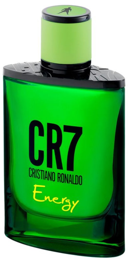 Eine grüne Parfümflasche mit der Aufschrift CR7 Cristiano Ronaldo Energy, mit schwarzem Deckel und spiegelnder Oberfläche.