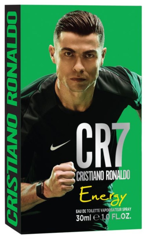 Cristiano Ronaldo in schwarzer Sportbekleidung macht eine Faust mit grünem Hintergrund und Text um ihn.