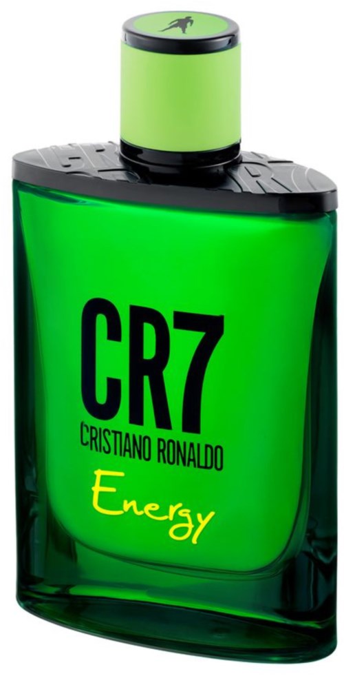 Eine grüne Flasche mit CR7 Energy, verbunden mit Cristiano Ronaldo, mit schwarzem Text und grünem Deckel.