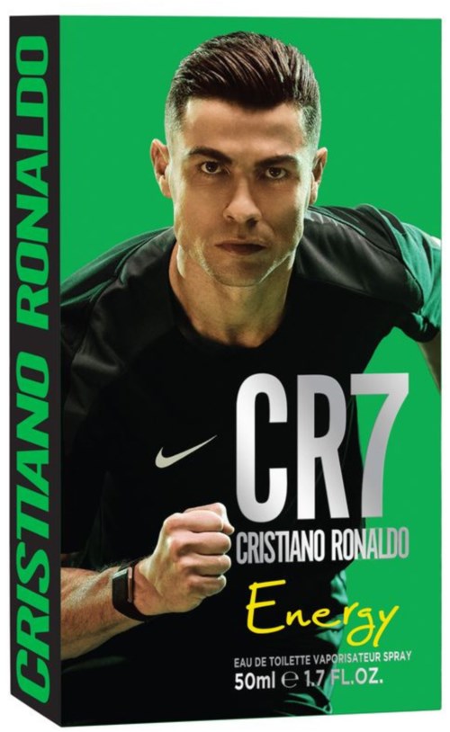 Cristiano Ronaldo-Logo für Energiegetränk mit seinem Porträt und Produktdetails.