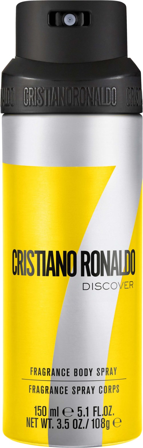 Eine silberne und gelbe Duftsprühflasche mit schwarzem Deckel, beschriftet 'Cristiano Ronaldo Discover,' 150 ml.