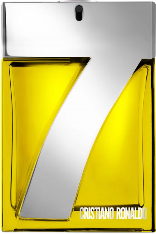 Ein Logo mit einer großen silbernen Zahl 7 auf gelbem Hintergrund und dem Namen Cristiano Ronaldo am unteren Rand.