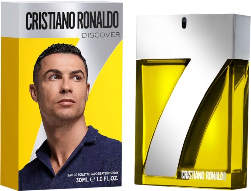 Cristiano Ronaldo Discover Parfümflasche und Verpackung, gelbe Flüssigkeit, mit seinem Bild und Namen.