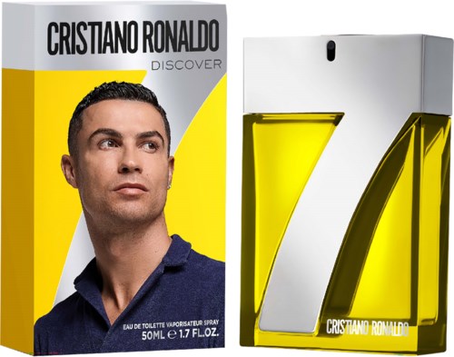 Ein Parfümflasche mit Cristiano Ronaldos Gesicht auf dem Display-Box, beschriftet 'Discover'.
