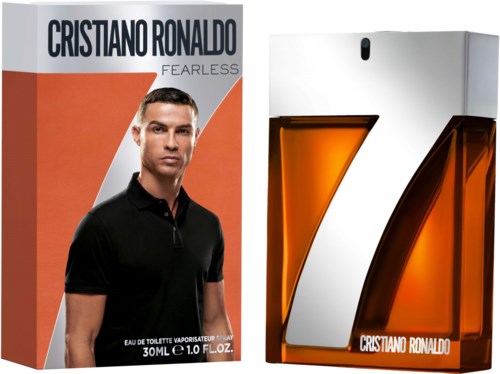 Ein Parfümset und Flasche mit Cristiano Ronaldo, mit einer silbernen '7' und orange Akzenten, fördert Mut.