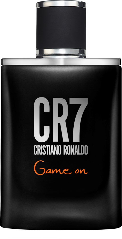 Eine schwarze Parfümflasche mit Silberhülse, beschriftet 'CR7 Cristiano Ronaldo Game on' in Weiß und Orange.