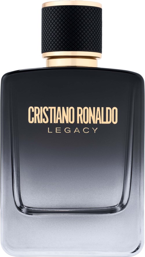 Eine schwarze Parfümflasche mit Goldakzenten, gekennzeichnet Cristiano Ronaldo Legacy, mit einer strukturierten schwarzen Kappe.