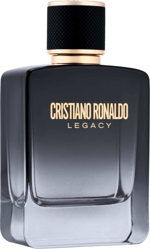 Eine dunkle Flasche mit gold- und schwarzfarbenem Deckel, beschriftet Cristiano Ronaldo Legacy, sieht elegant aus.