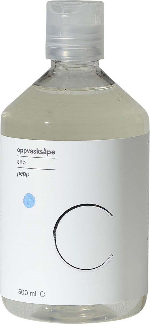 Tydlig flaska med vit etikett, svart cirkel och blå prick. Innehåller flytande handtvål.
