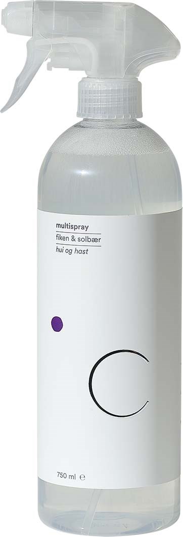 A clear spray bottle with a white label, black circle, and purple dot, used for cleaning or disinfecting.