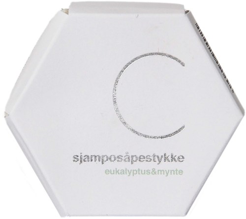 Ett vitt sexkantigt paket märkt "sjampósápeystykk" med "eukalyptus & mynta".
