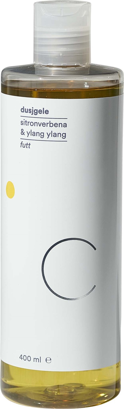 A clear bottle with a white label, yellow liquid inside, and a screw cap. Text on the label mentions ingredients and size.
