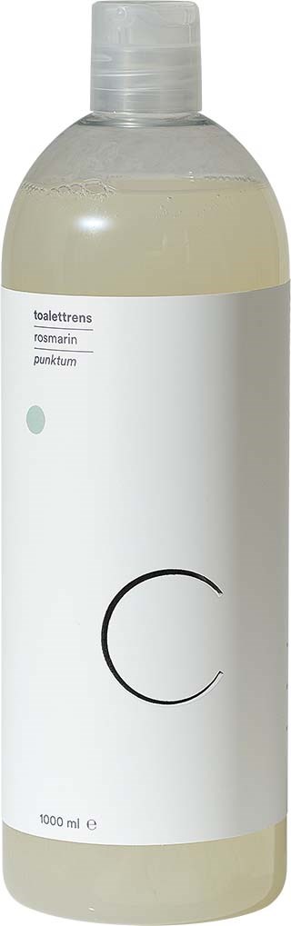 En lång vit flaska med genomskinlig topp, etiketten visar dofter som rosmarin och punkatum, storlek 1000 ml.