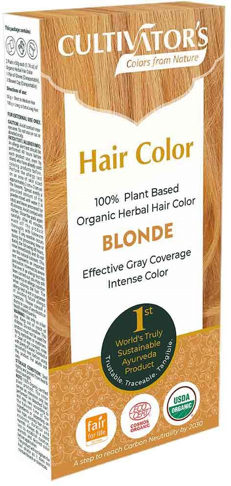 Een doosje met plantaardige kruidenhaarverf voor blond haar, beweert milieuvriendelijk en effectief met grijze dekking.