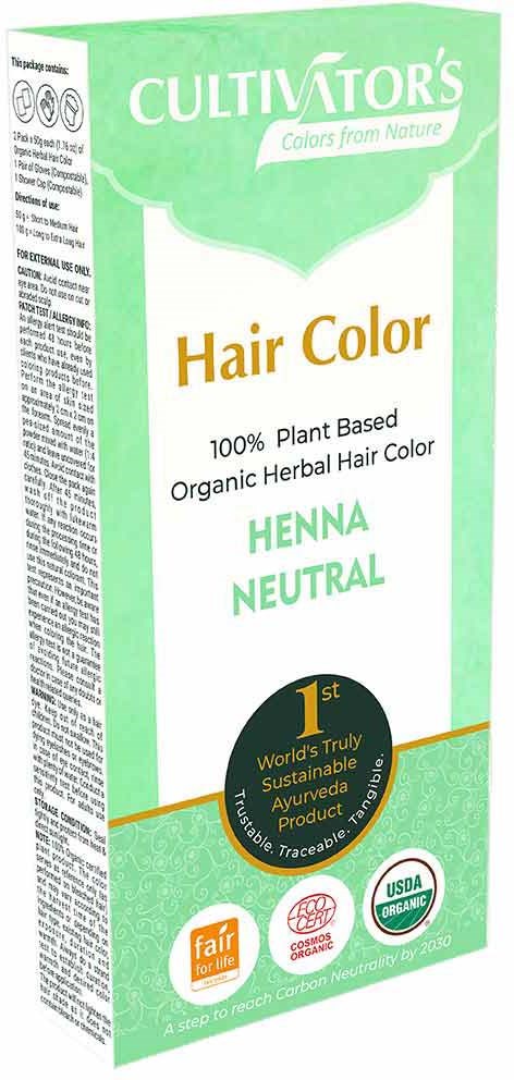 Een groen-witte doos met 'Cultivator's Hair Color' vermeldt dat het natuurlijk, biologisch en plantaardig is, met certificeringen.