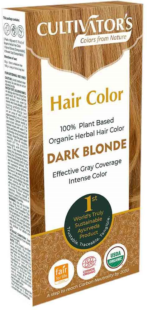 Een wit en bruin doosje met 'Cultivator's Hair Color' voor donkerblond, plantaardig, met certificeringen voor biologisch en duurzaam.