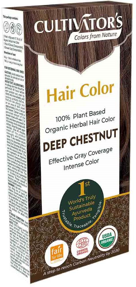 De doos is voor haarkleur genaamd Deep Chestnut, met natuurlijke en biologische ingrediënten, en labels die duurzaamheid en rechtvaardigheid benadrukken.