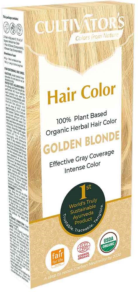 Een doos haarverf genaamd 'Golden Blonde' van Cultivators, benadrukt als biologisch, op planten gebaseerd en duurzaam met certificaten.